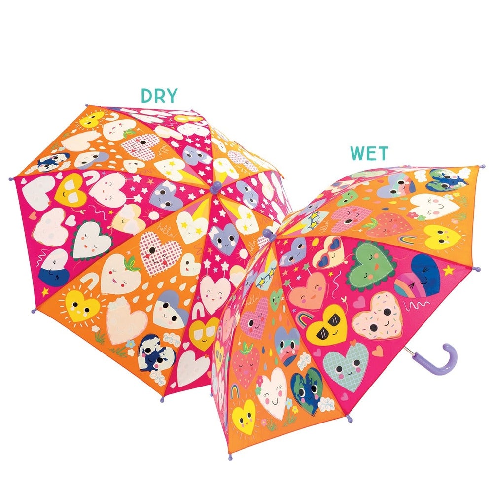 Floss And Rock Color Change Umbrellas Hearts, vibrant heart-pattern rain umbrellas shown dry and wet to reveal color changes.
