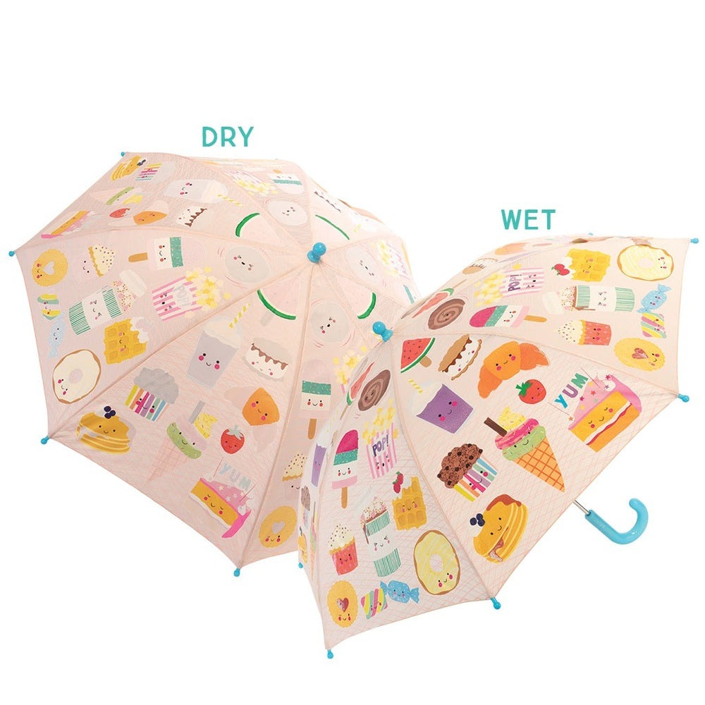 Floss And Rock Color Change Umbrellas Sweet Treats pair of pink kids' umbrellas shown dry vs. wet with blue handles.