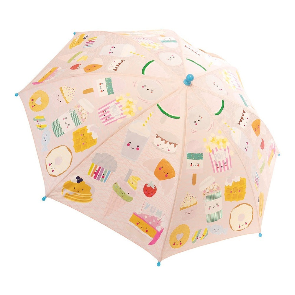 Floss And Rock Color Change Umbrellas Sweet Treats umbrella opened to show pink canopy with cute dessert prints and blue tips.