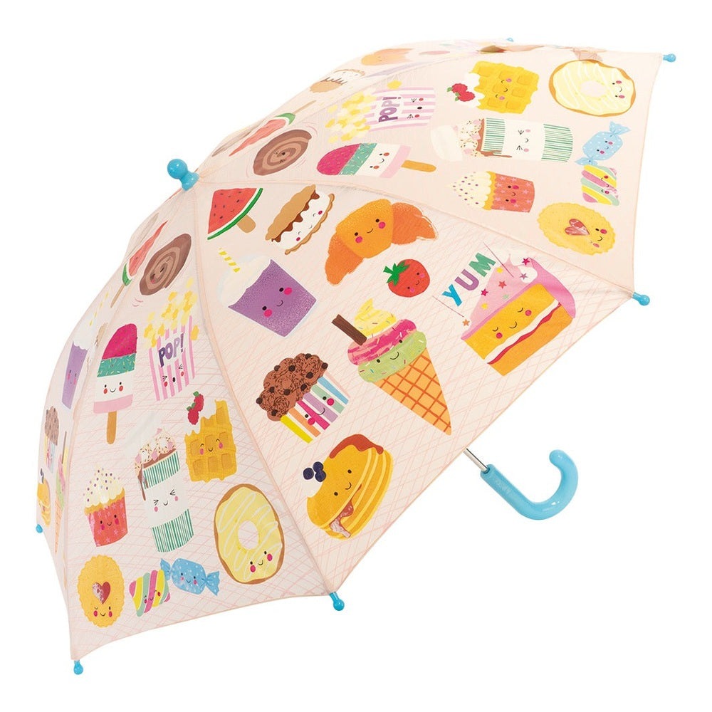 FLOSS AND ROCK Color Change Umbrellas Sweet Treats umbrella opened, pink fabric with dessert illustrations and a blue curved handle