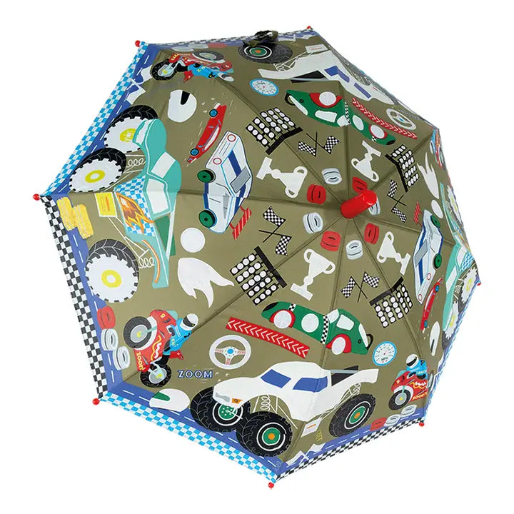 Floss and Rock Colour Changing Umbrella Cars opened to reveal bright racecar graphics and checkered trim.