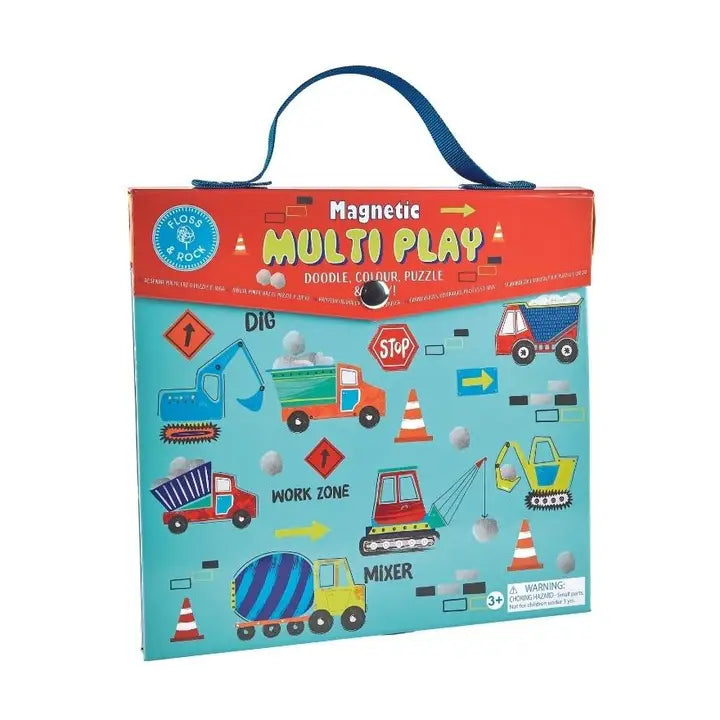 Floss and Rock Magnetic Multi Play construction toy box with a blue handle and colorful vehicle graphics.