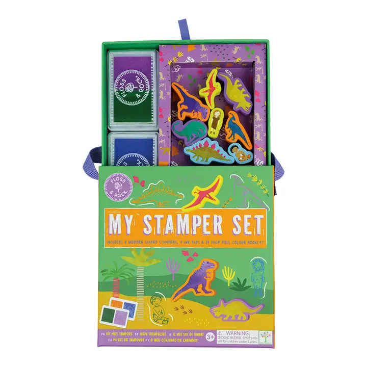 My Stamper Set by FLOSS AND ROCK, open case with purple ink pads and dinosaur stamps for imaginative play.