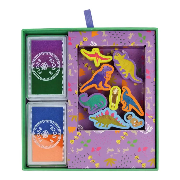 FLOSS AND ROCK Stamper Set with two ink pads and dinosaur stamps for imaginative stamping play.
