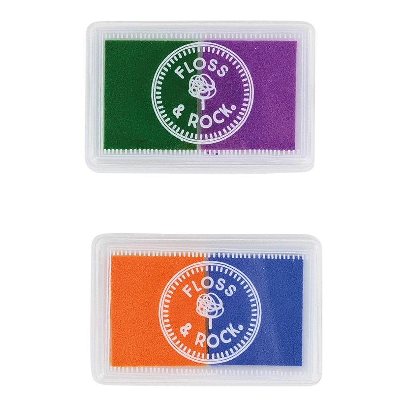 Floss and Rock Stamper Set with two color stamp pads in green-purple and orange-blue, encouraging imaginative art play.