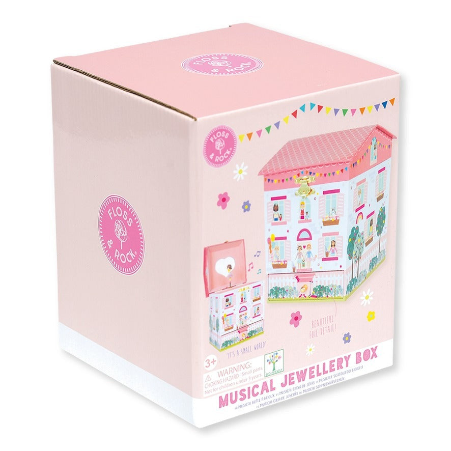 Floss And Rock Dolls House Jewelry Box, pink, showing a colorful dollhouse with bunting and flowers.