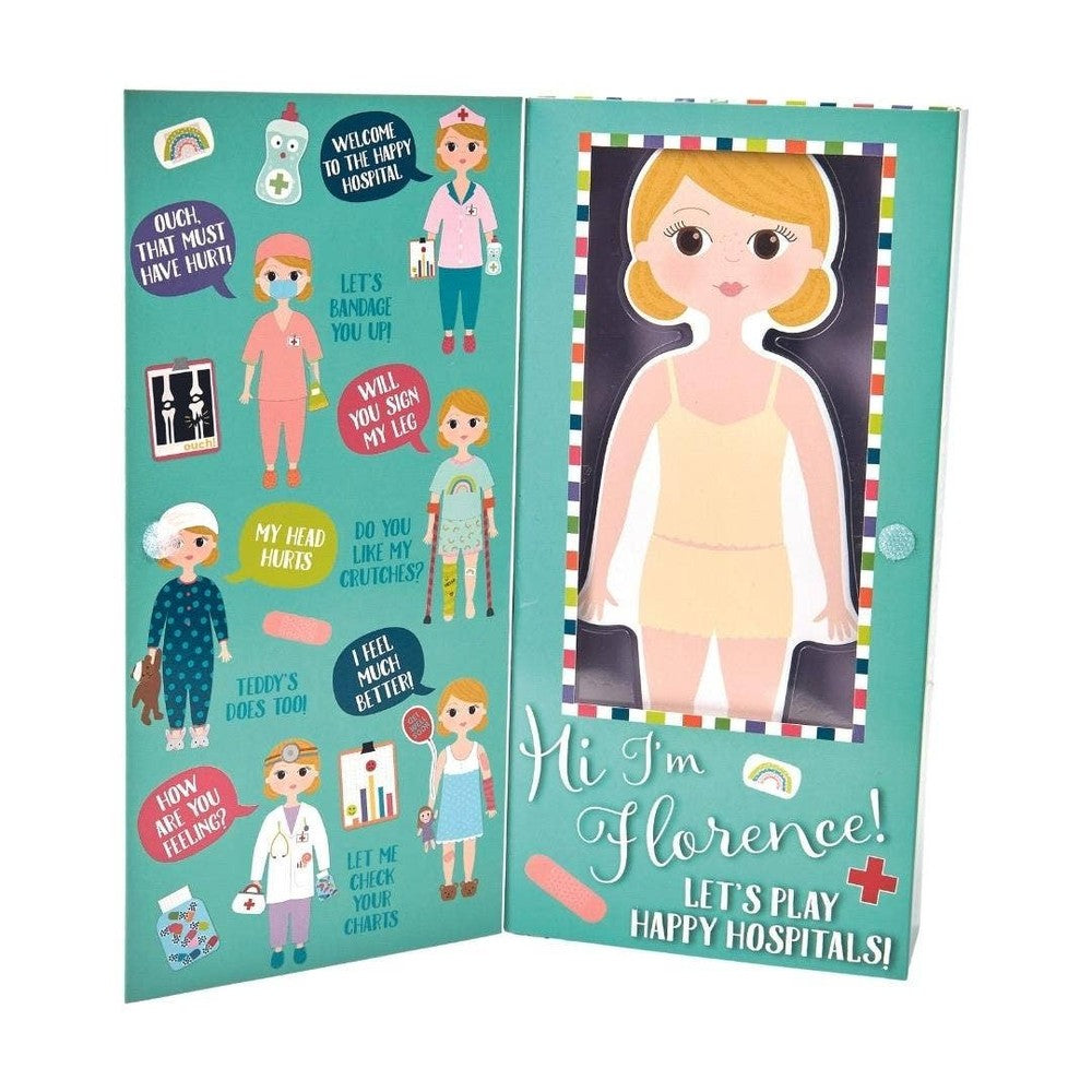 Floss and Rock Florence magnetic dress-up figure with teal hospital backdrop and colorful stickers