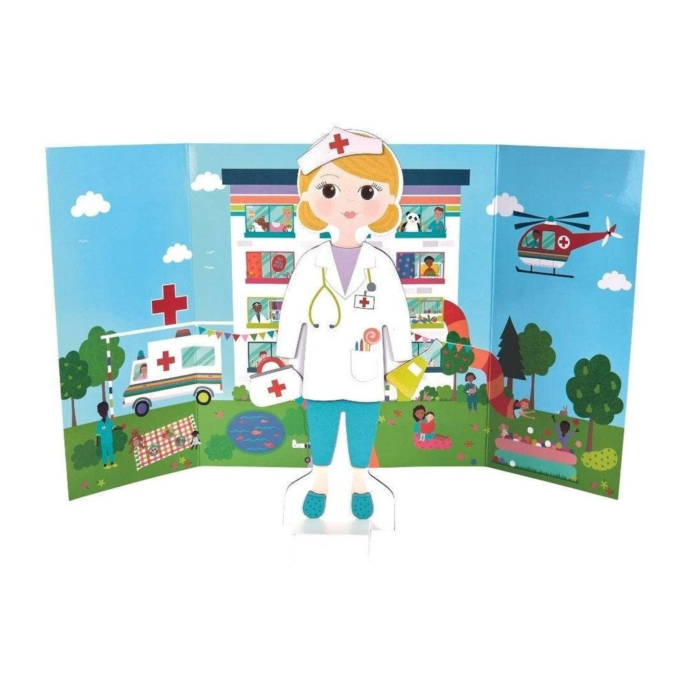 Florence magnetic dress-up character in white nurse coat with stethoscope, blue pants, nurse hat - Floss and Rock