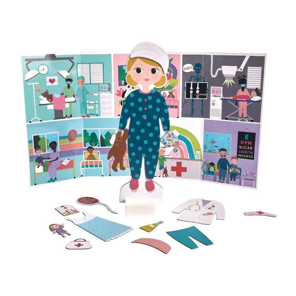 Floss and Rock Florence magnetic dress-up figure with medical accessories and illustrated hospital backdrop