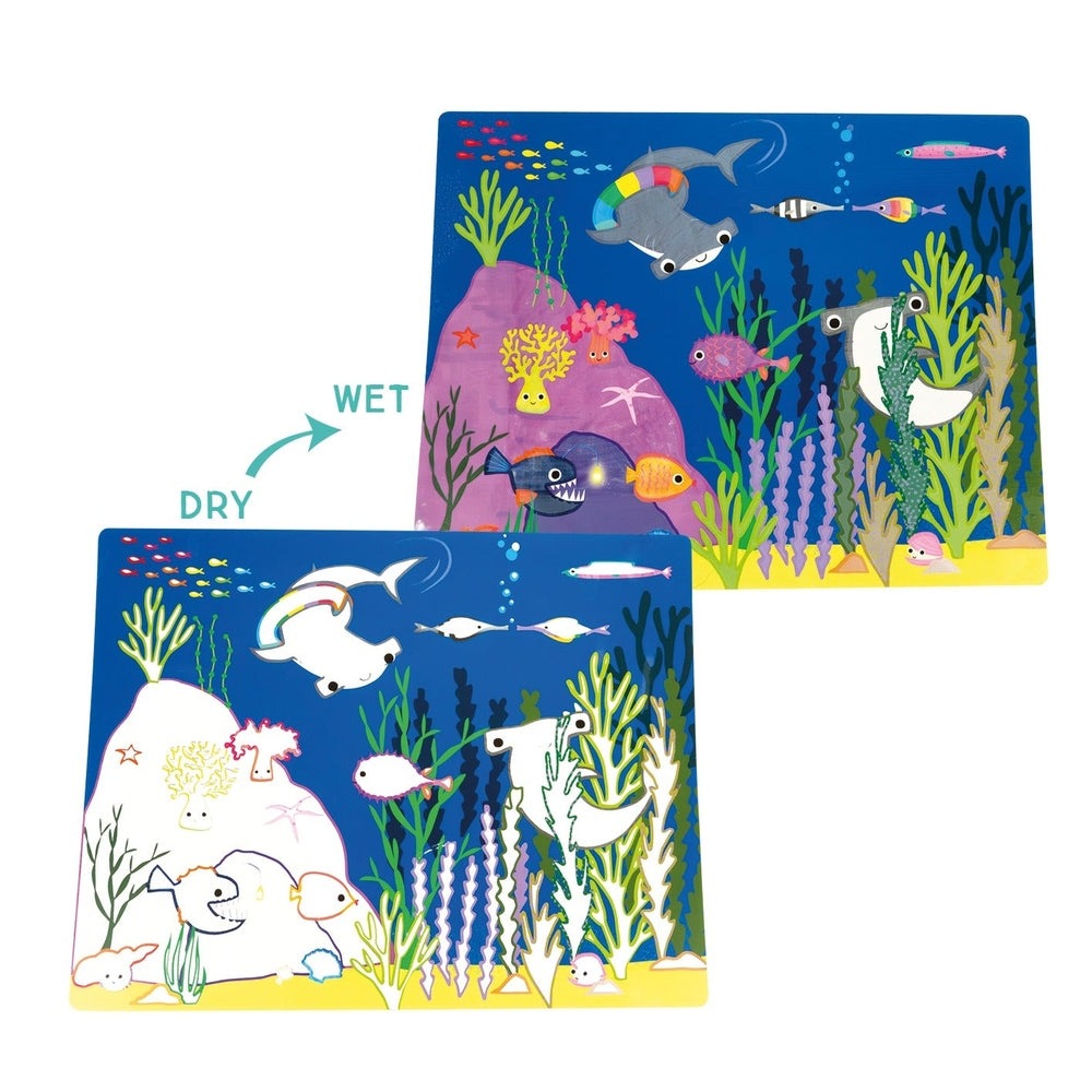 FLOSS AND ROCK Magic Water Placemats: two underwater drawing tablets; colors appear when wet over coral reefs.