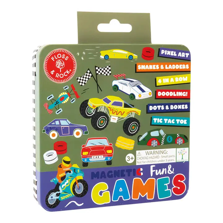 Floss and Rock Magnetic Fun & Games Tin, green cover with colorful racing cars and doodles