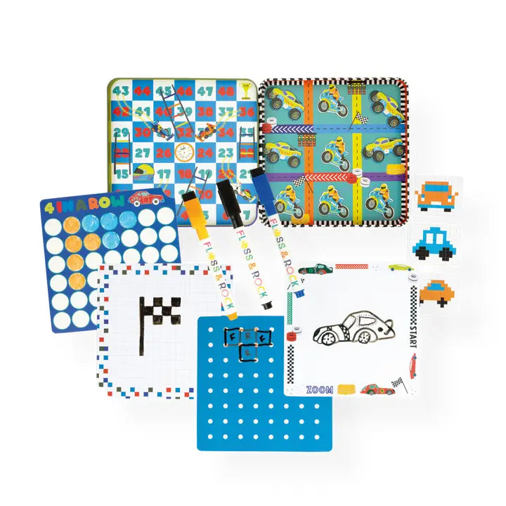 Floss and Rock Magnetic Fun & Games Tin with colorful activity sheets and magnetic pieces for hands-on creative play.
