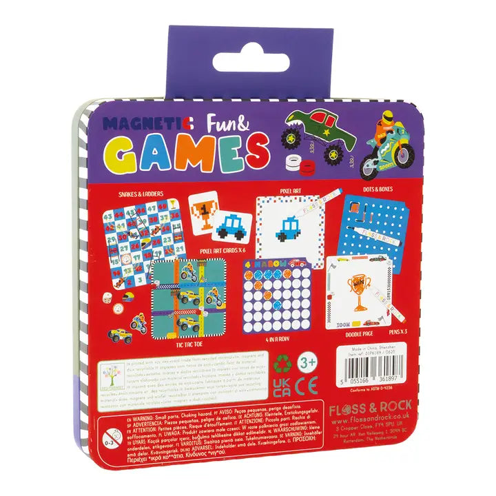 Floss and Rock Magnetic Fun & Games Tin, red packaging showing pixel art cards and grid games for ages 3+