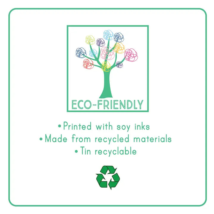 Floss and Rock Magnetic Fun & Games Tin, eco-friendly label featuring a tree graphic and recycling icon.