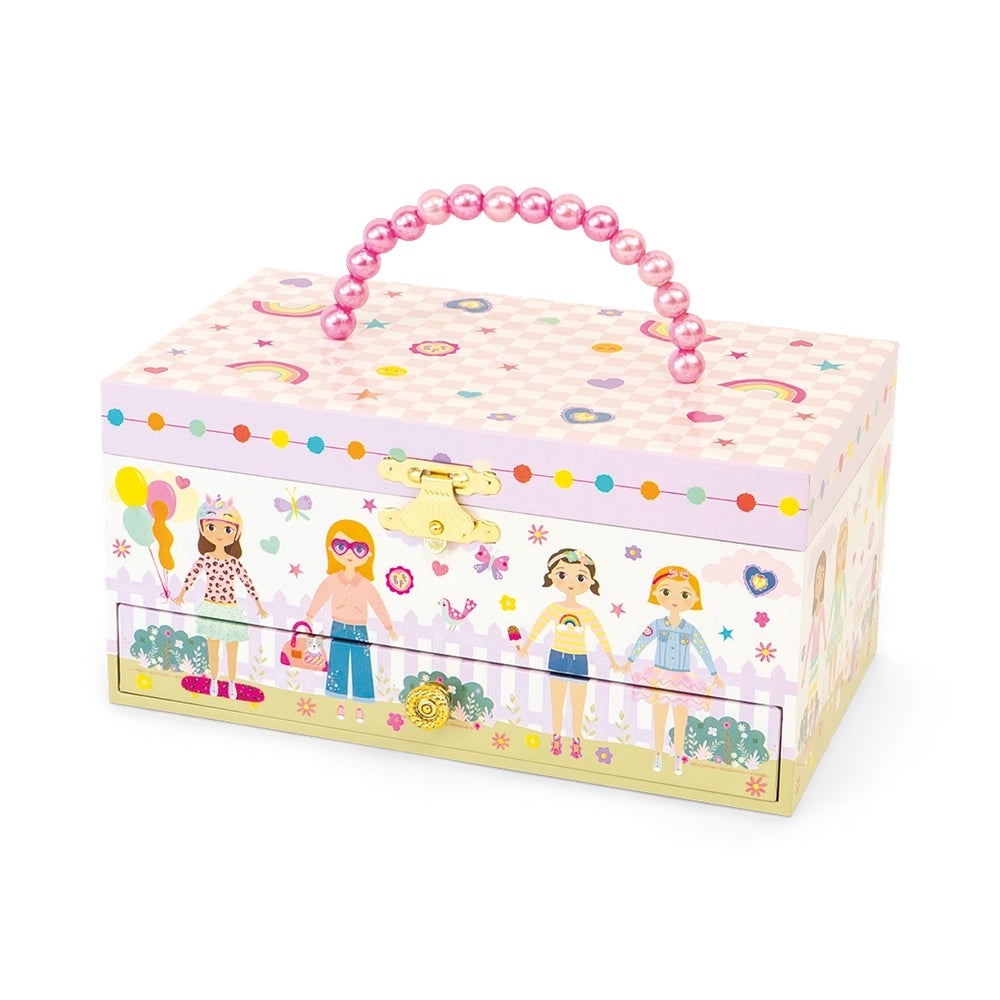 Floss And Rock Musical Jewellery Box Best Friends, pastel pink with pink bead handle and gold latch, illustrated girls.