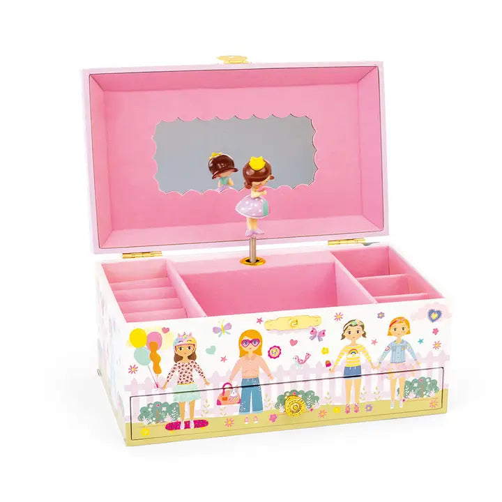 Floss and Rock Best Friends musical jewellery box in pink with mirror and pink compartments.