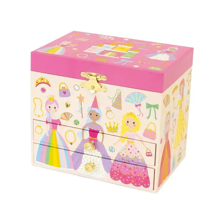Floss And Rock Musical Jewelry Box Princess, pink lid with princess motifs, gold clasp and three drawers.