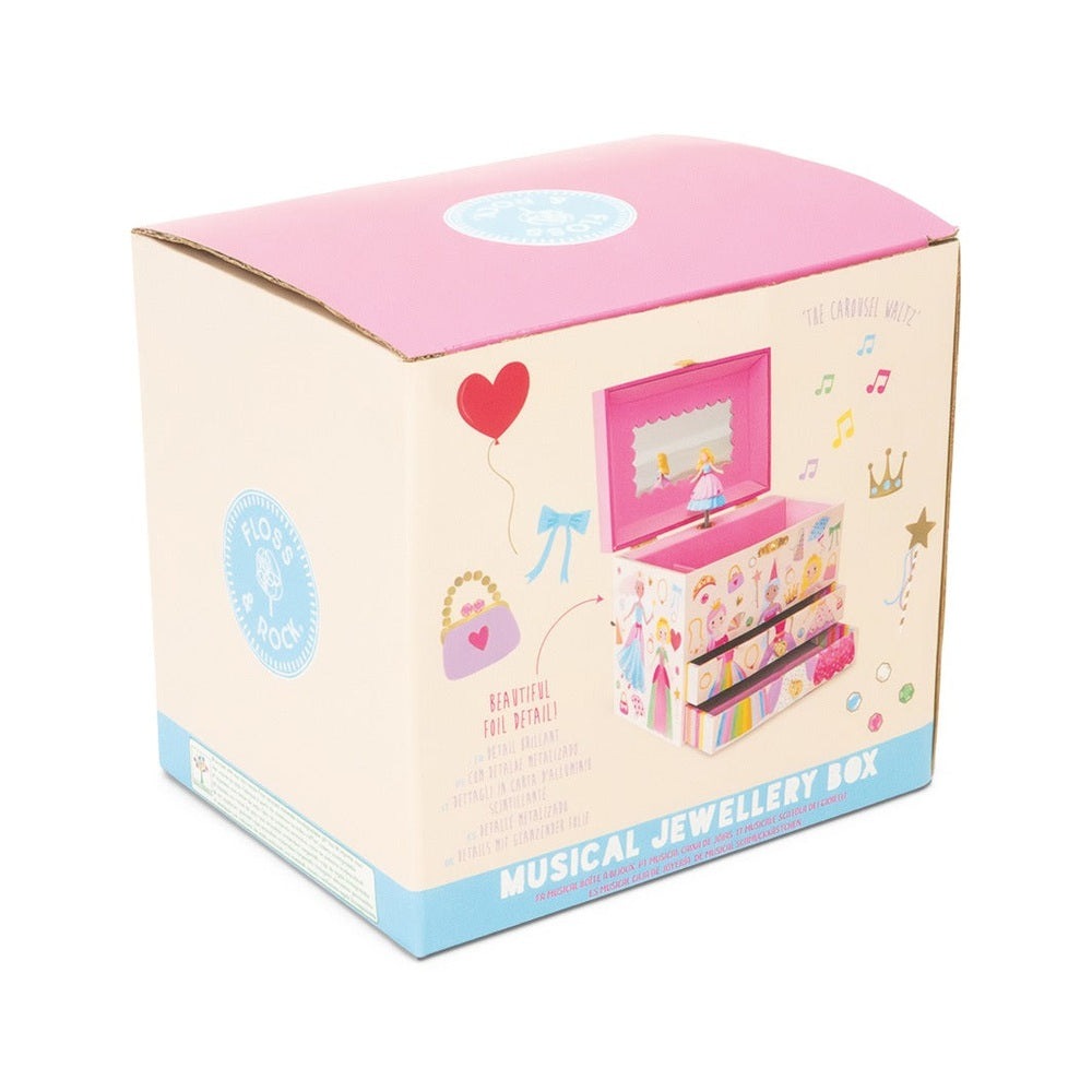 Floss And Rock Musical Jewelry Box Princess, pink lid and cream base with princess art, drawers open for storage.