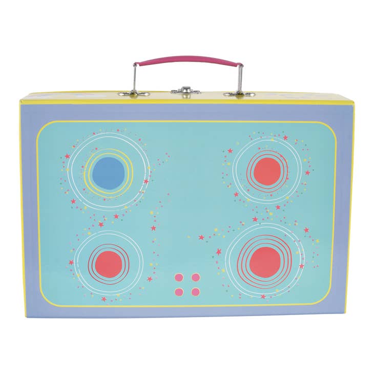 Floss And Rock 12-piece musical kitchen stove set in pastel rainbow colors with pink handle