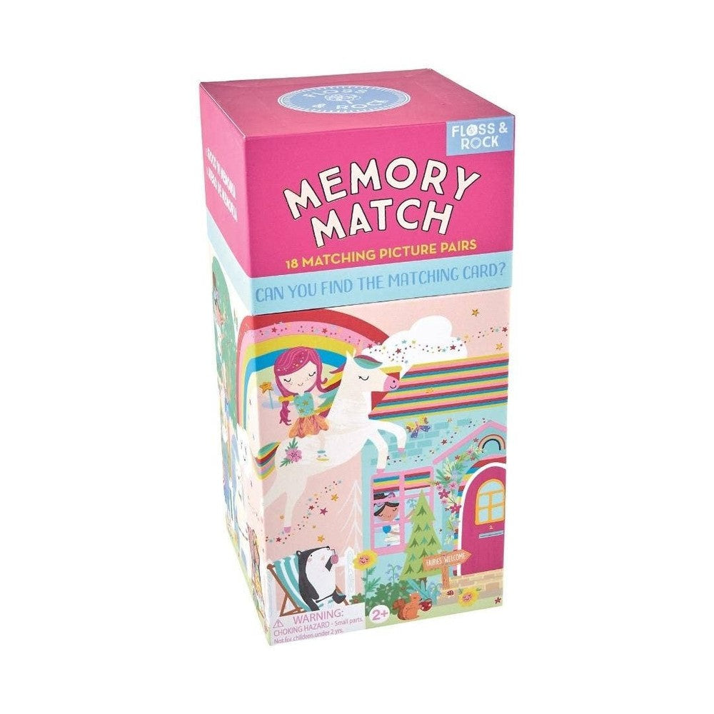 Floss & Rock Rainbow Fairy Memory Match game in a pink box with 18 picture-pair cards.