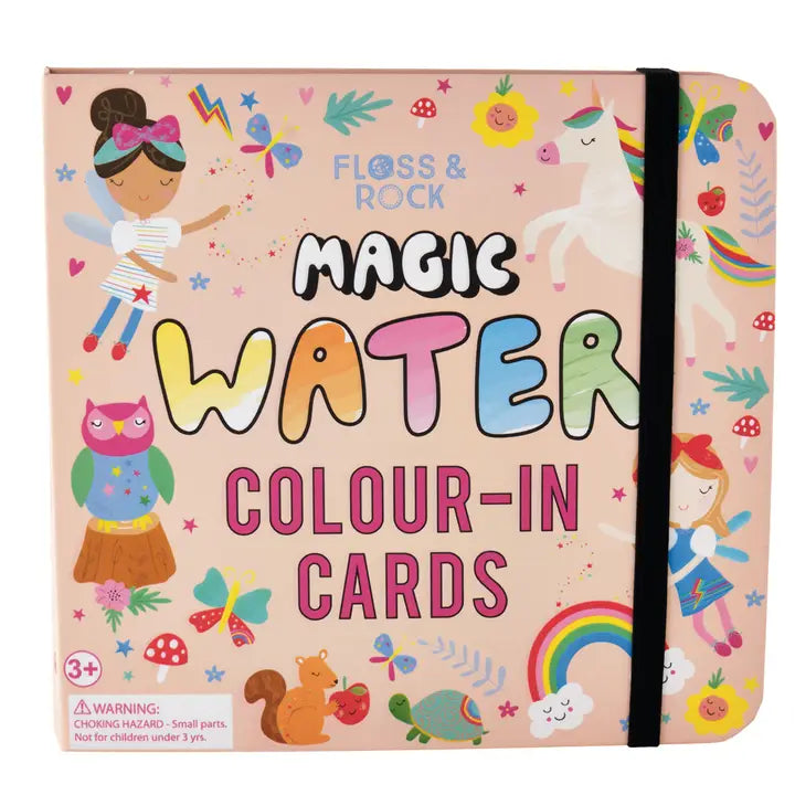 Floss and Rock Rainbow Fairy Water Pen & Cards set, pink cover with unicorns; elastic strap keeps color-in cards secure.