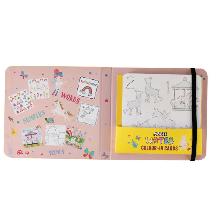 Floss and Rock Rainbow Fairy Water Pen & Cards: pink kids art book open to rainbow cards with a yellow color-in set held by a strap.