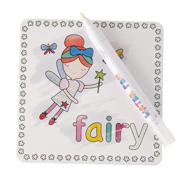 Floss and Rock Rainbow Fairy Water Pen & Cards: colorful fairy drawing mat with a water pen resting on the edge.