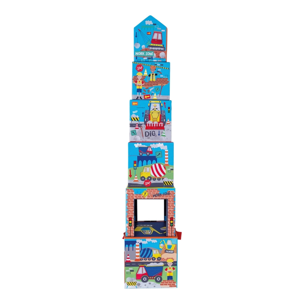 FLOSS AND ROCK Stacking Cubes-colorful construction-site blocks with trucks and workers stacking into a tower