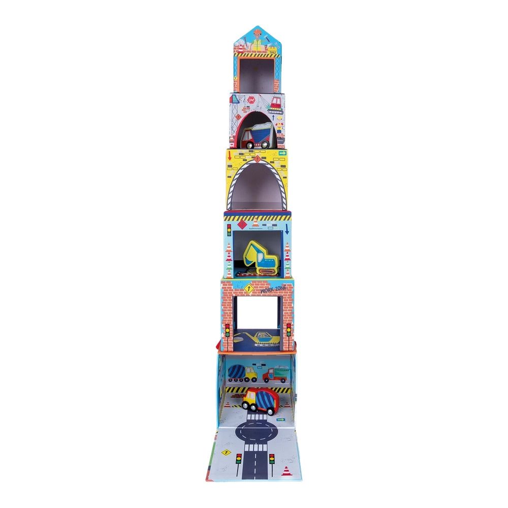 Floss and Rock Stacking Cubes, bright construction-themed blocks stacked into a playful tower by a child.