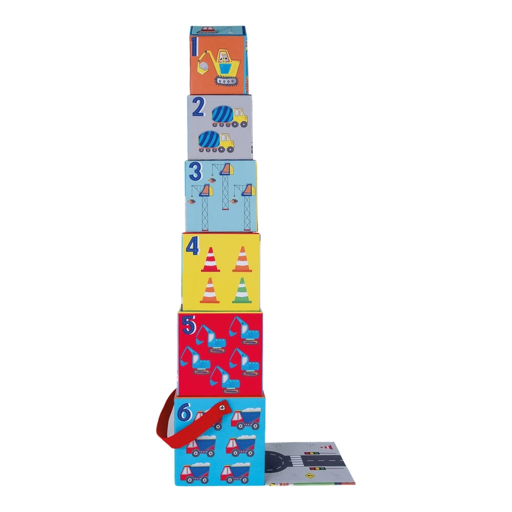 Floss and Rock Stacking Cubes: bright numbered blocks stacked into a tall tower showing construction scenes for building fun.