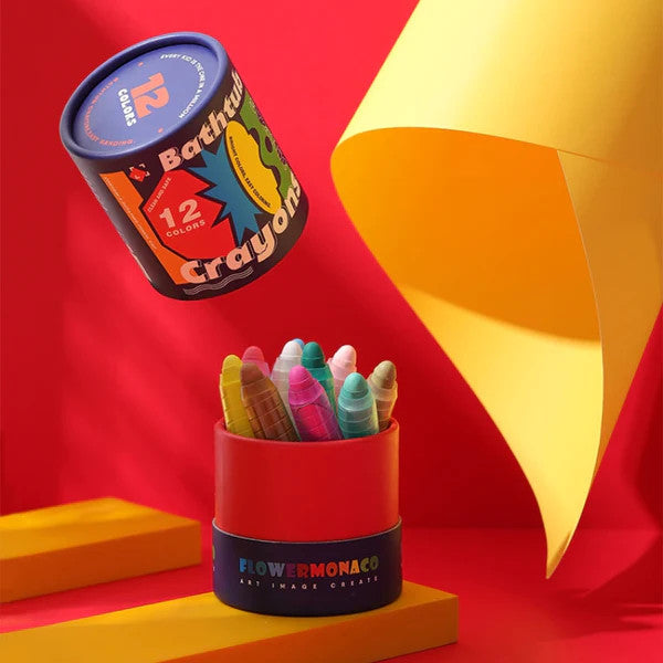 Flower Monaco Bathtub Crayons, 12 colors in red tub with blue lid