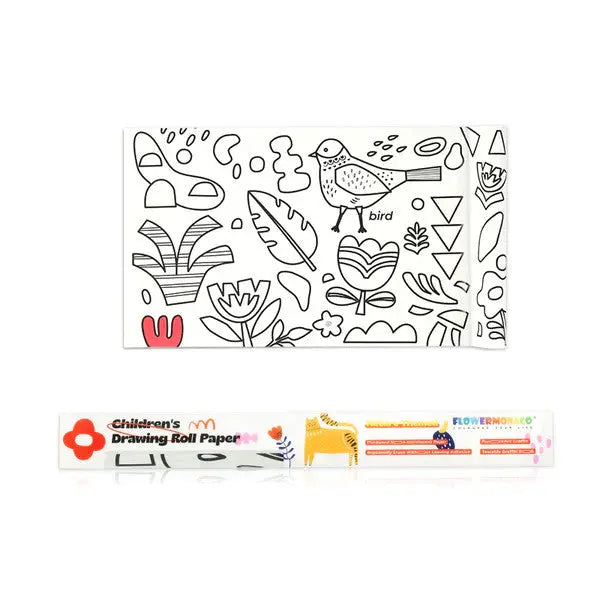 Flower Monaco Drawing Paper Roll: white paper with bird and botanical line art, laid flat beside branded packaging.