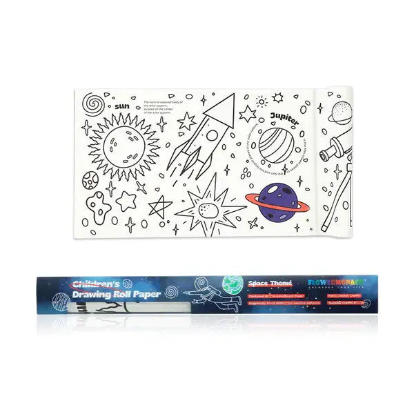 Flower Monaco Drawing Paper Roll, white space-doodle sheet; unrolled section shows rocket and planets.