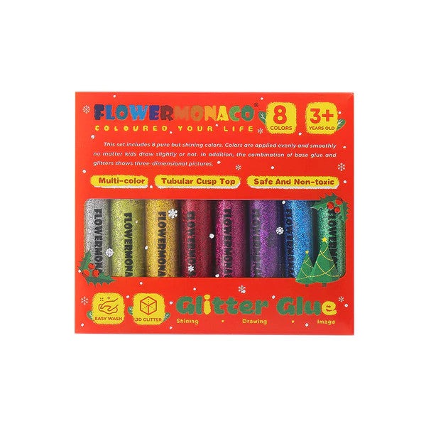 Flower Monaco Glitter Glue set - 8 colors in a red box; colorful glitter glue tubes for kids art