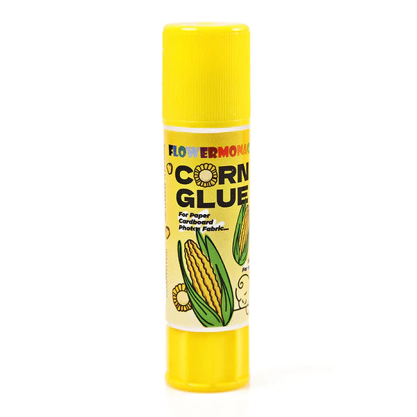 Flower Monaco Kids Safe Glue Stick corn-based adhesive, yellow tube with corn graphics.