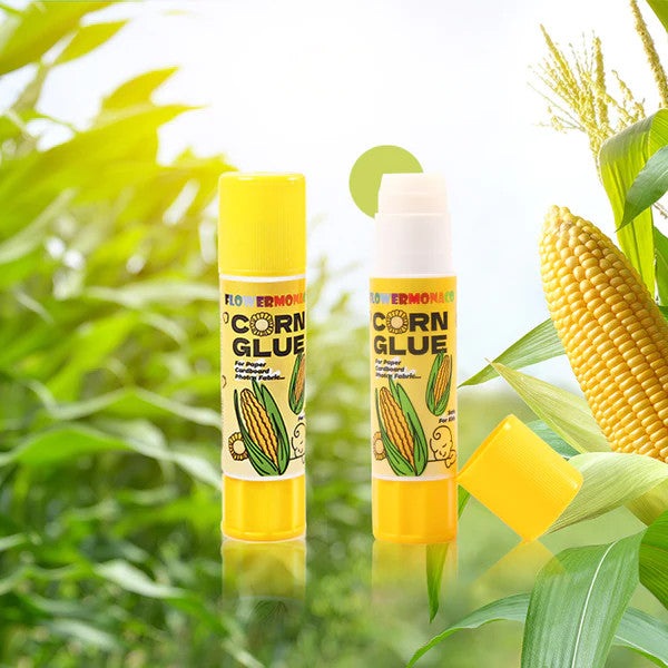 Glue sticks by Flower Monaco, corn-based, two yellow sticks with corn imagery