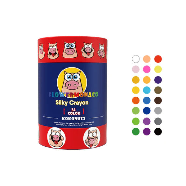 Flower Monaco Silky Crayon 24 colors in red-and-blue tin with pig graphics