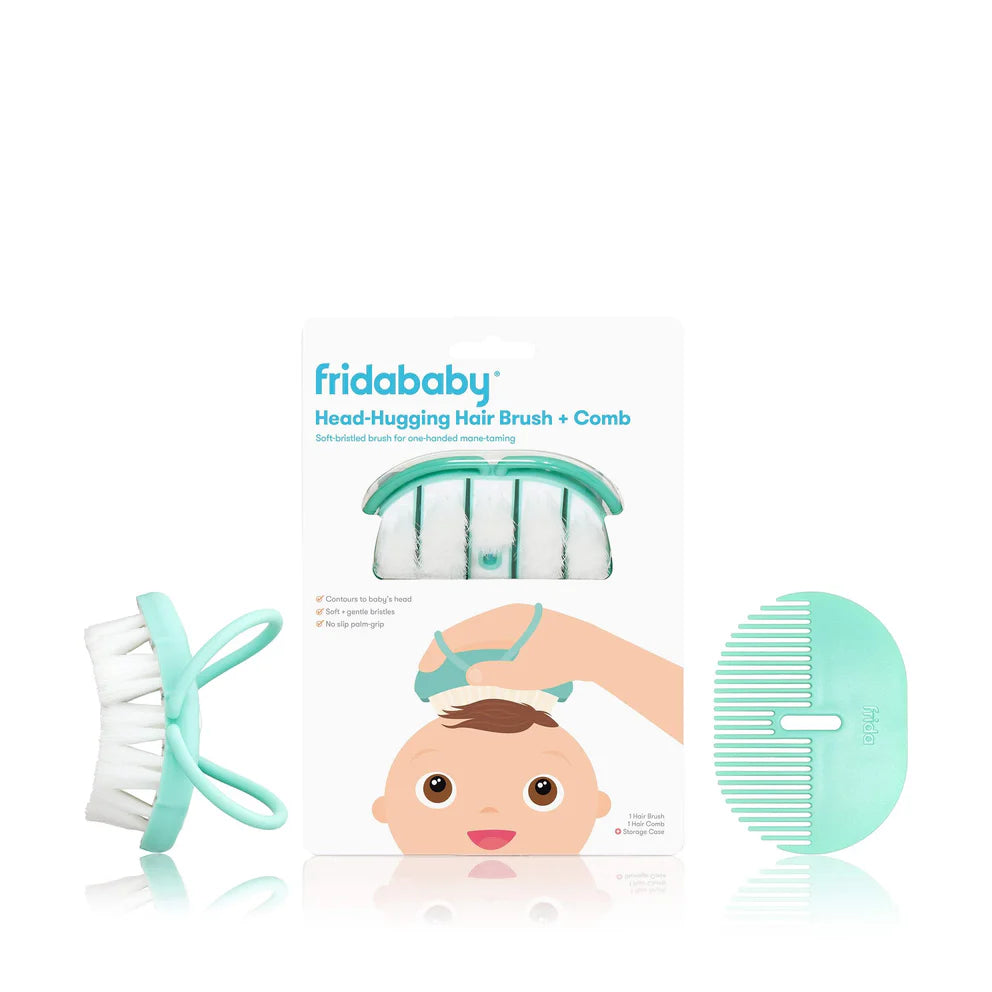 Frida Baby head-hugging hairbrush + comb set; mint green brush and matching comb