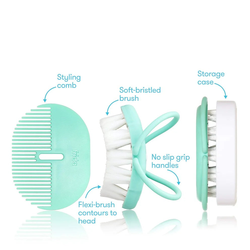 Frida Baby head-hugging hairbrush and styling comb set, mint green 3-piece with storage case