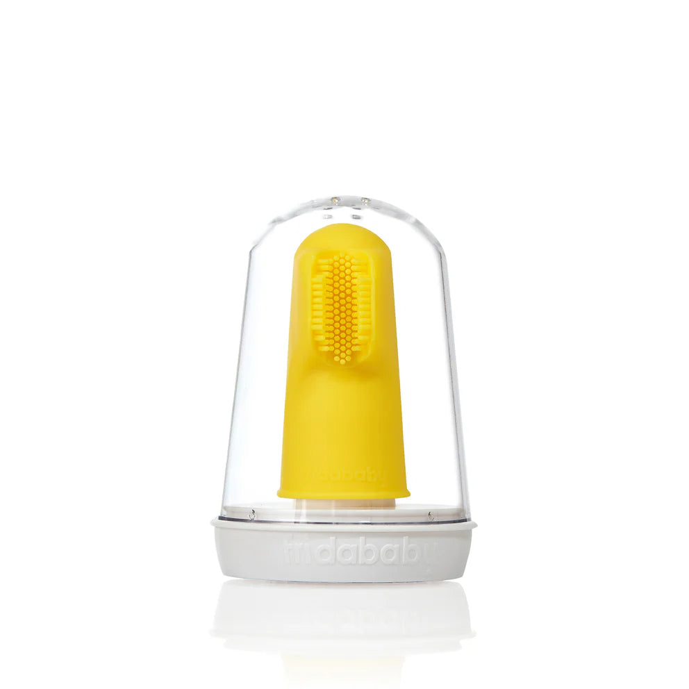 Frida Baby Smilefrida finger toothbrush, yellow silicone tip on white base, 1 count