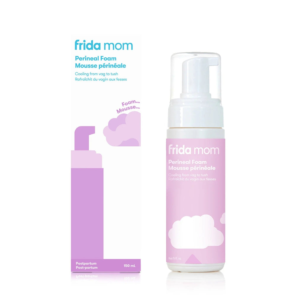 Frida Mom Witch Hazel Perineal Healing Foam bottle and box; pink packaging with white cap
