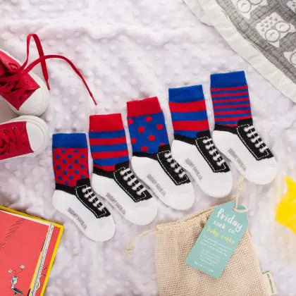 Friday Sock Co. sneaker socks for babies, blue and red sneakers, 0-1Y, set of 6 pairs