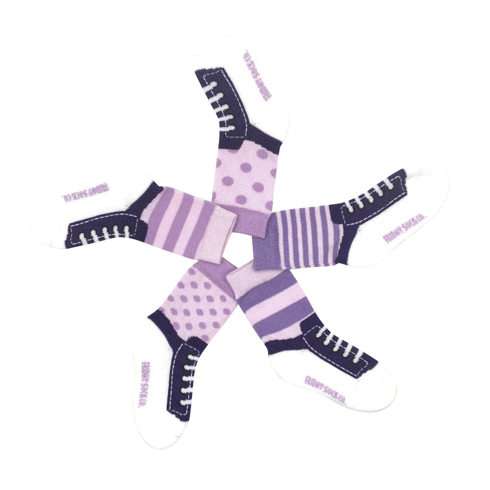 Friday Sock Co. baby sneaker socks set, 5 pairs in purple lilac stripes and polka dots for 0-1Y