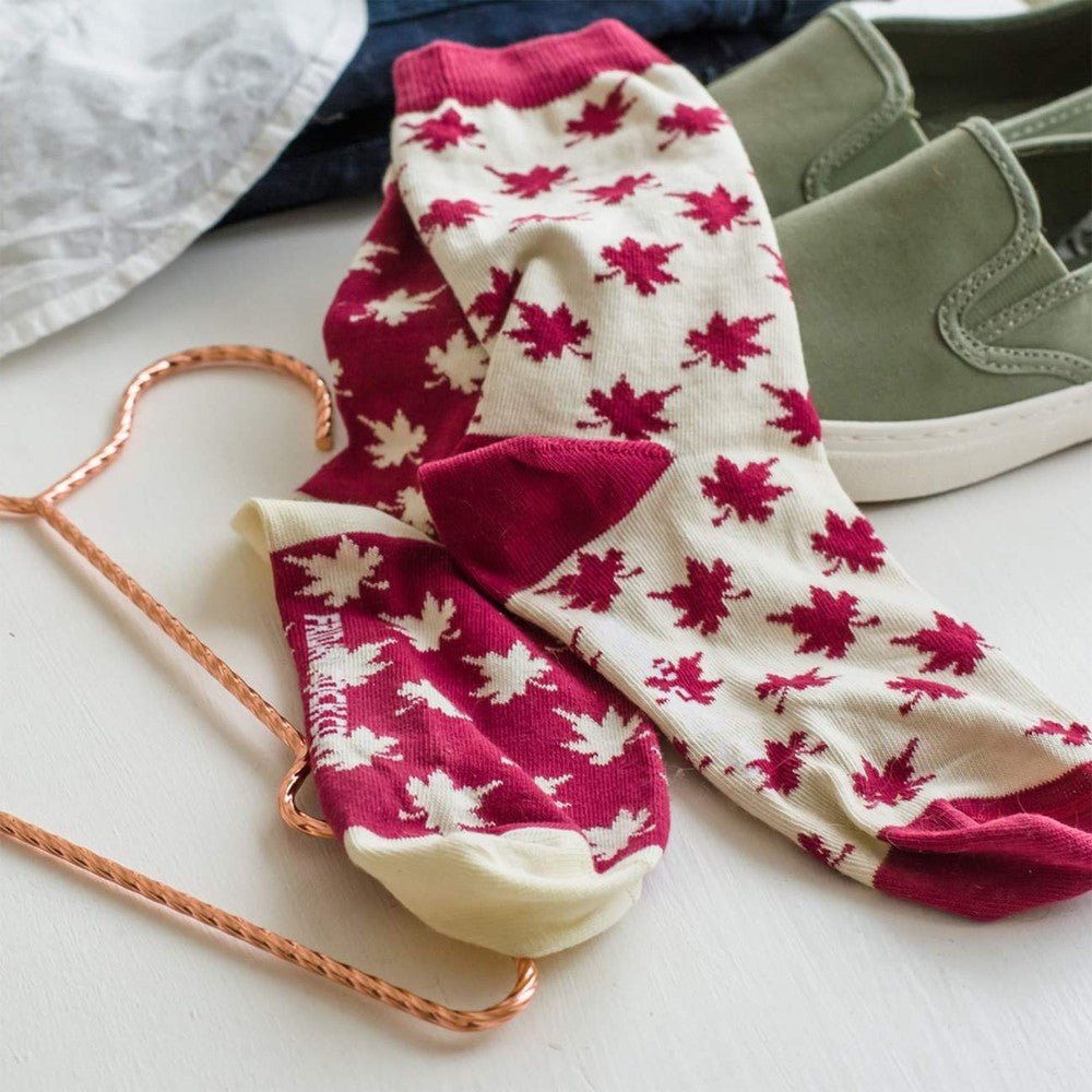 Friday Sock Co. women's maple leaf socks in burgundy and cream with leaf motif