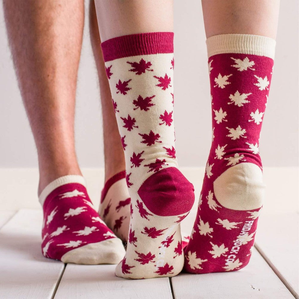 Friday Sock Co. maple leaf socks; cream with magenta leaves and magenta with cream leaves, pair shown
