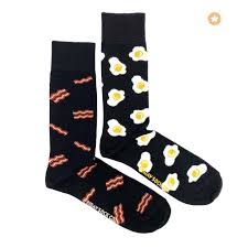 FRIDAY SOCK CO. women's Bacon & Egg socks; black pair with bacon strips and fried-egg motif, set of 2