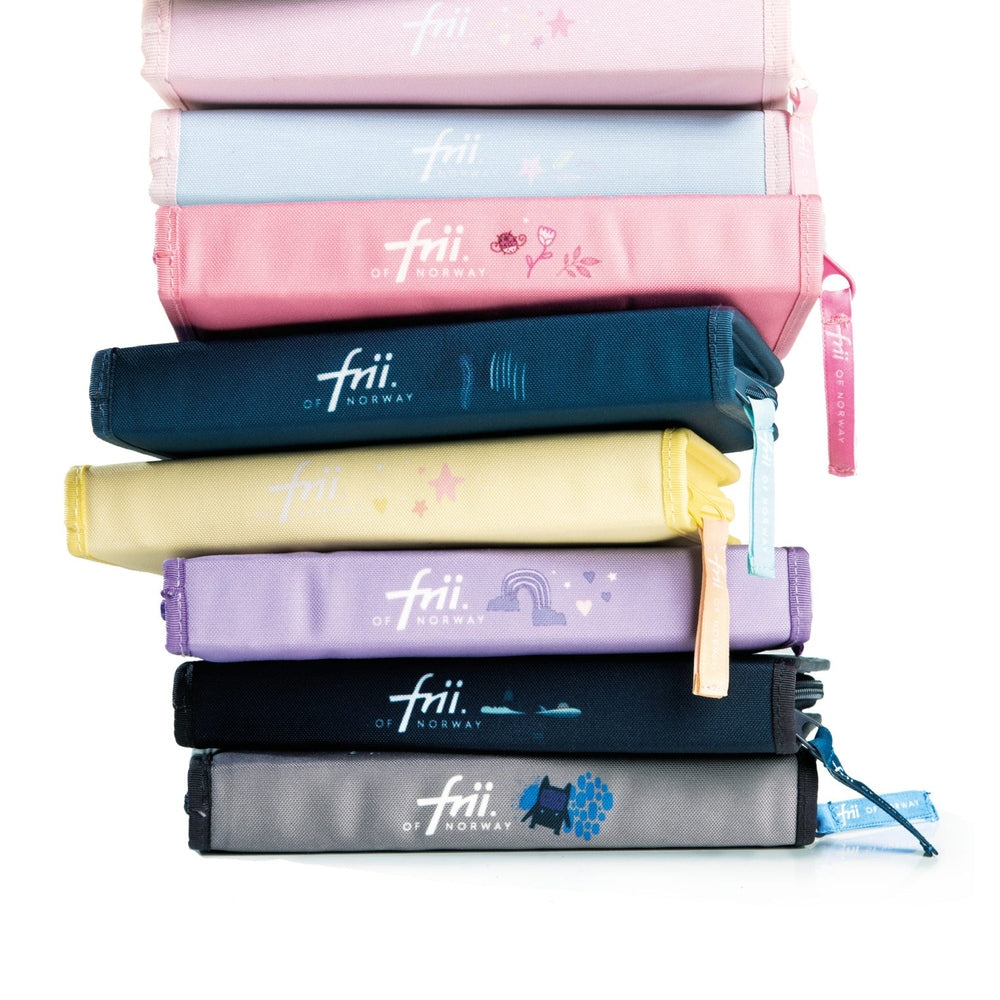 Frii of Norway pencil case stack of 8 pastel zip pouches in pink, blue, yellow, purple, navy and gray