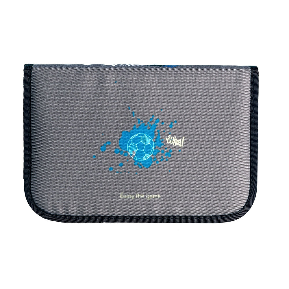 Frii Of Norway Monsterball pencil case, gray fabric with blue splash graphic and logo