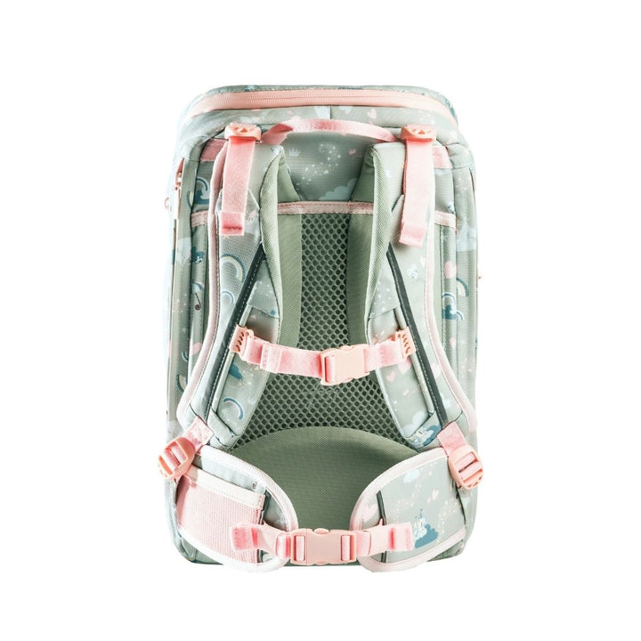 Frii Of Norway school backpack 20-25L ballerina in pastel green with pink straps and padded back