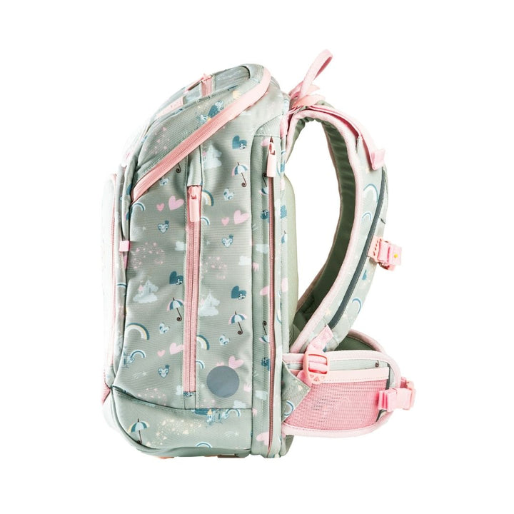 Frii Of Norway Ballerina school backpack 20-25L, light gray with pink zippers and pastel pattern.